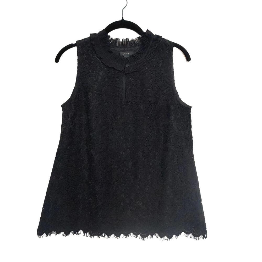 J. Crew Lace Ruffleneck Sleeveless‎ Top Black Floral Lace Size Small